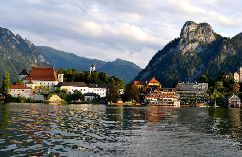 Salzkammergut, low, rise, rocks, lot, house, coast, mountains, 1080P, lake, building, trees, Austria