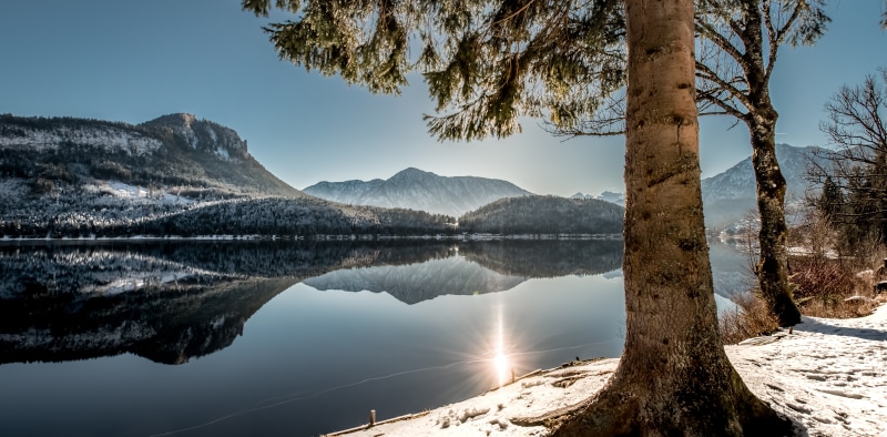 beauty In Nature, sun, parabolic, Österreich, tree, outdoors, Altaussee, nature, lake, starburst, outdoor, landscape, Salzkammergut, sky, photography, reflection