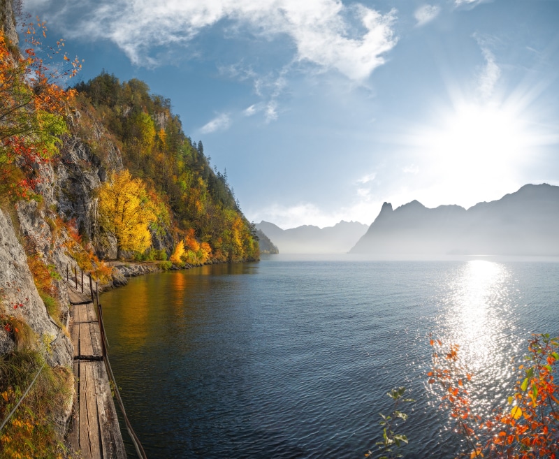 gmunden, lake, cloud - sky, scenics - nature, non-urban scene, no people, salzkammergut, plant, 5K, day, tranquil scene, sunlight, beside, body, sky, mountains