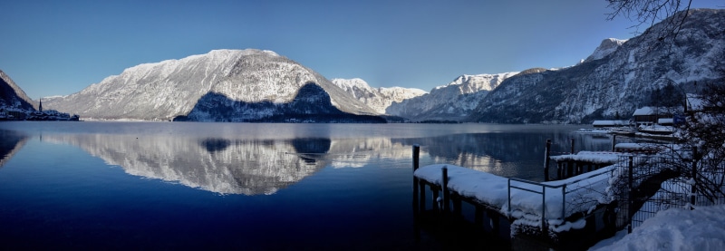 sky, mountain range, upper austria, outdoors, lake, no people, blue, mountain, cold temperature, tranquil scene, nature, landscape, 5K, hallstatt, beauty in nature