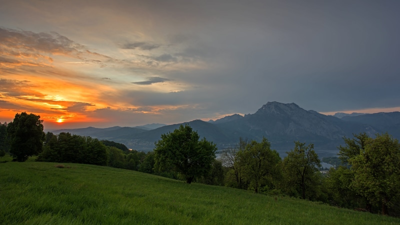 sky, tree, green color, scenics - nature, land, beauty in nature, no people, idyllic, cloud - sky, salzkammergut, landscape, mountain peak, panorama, outdoors