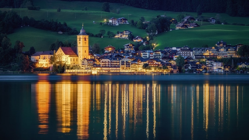 town, austria, st wolfgang im salzkammergut, tower, no people, building exterior, water, europe, night, city, travel, waterfront, nature, architecture