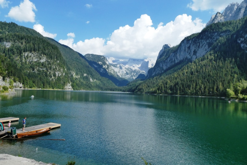 alpine, vorderer gosausee, mountain, panoramic, cloud - sky, formation, austria, gosau-see, salzkammergut, landscape, 2K, nautical vessel, nature, mode of transportation