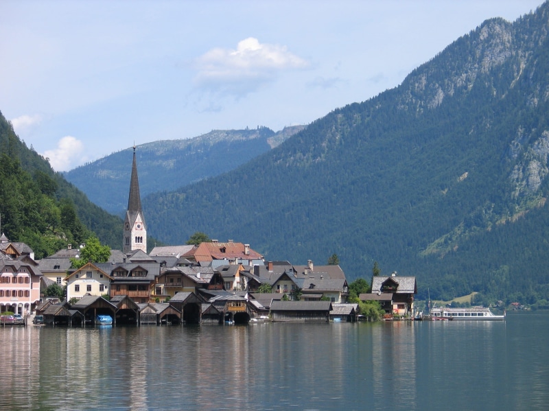 austria, mountain, religion, building exterior, Lake, lake, Hallstatt, Austria, salzkammergut, plant, water, waterfront, sky, architecture, world heritage