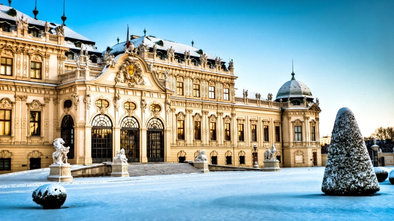 snow, Palace, Wien Belvedere, Austria, beige, building, Vienna, large, 2K, architecture, winter, victorian, cathedral
