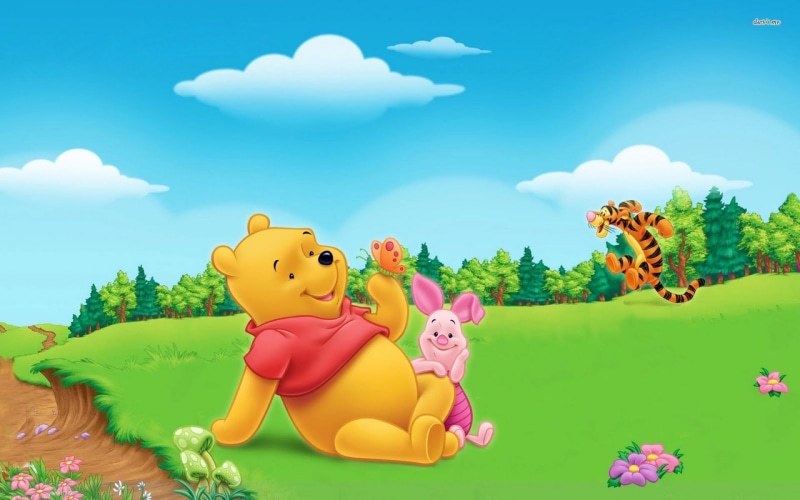 green color, animal themes, multi colored, winnie the pooh  background, field, yellow, plant, sky, animal representation, nature, representation, toy animal