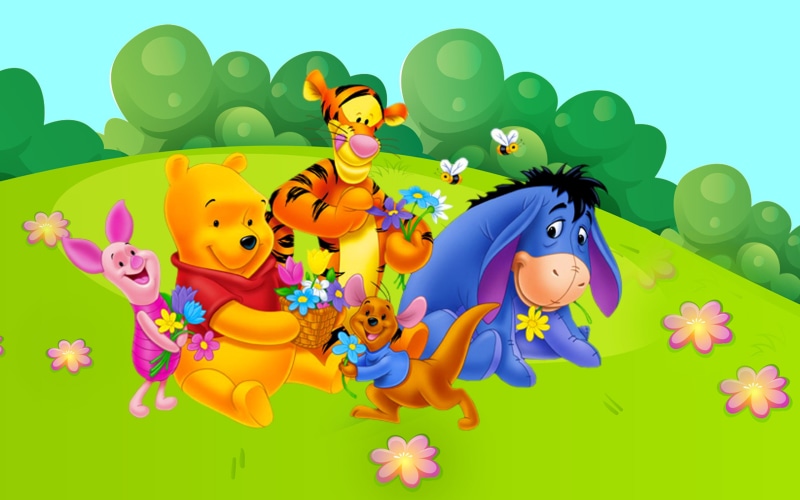2K, kangaroo, meadow, pooh, roo, donkey, spring, winnie, piglet, gray, eeyore, flowers, tigger, hd, desktop