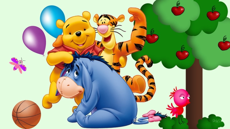 hd, apple tree, tree, basketball, bug, cartoon, winnie, children, Bird, tigger, animals, art, 1080P, eeyore, apple