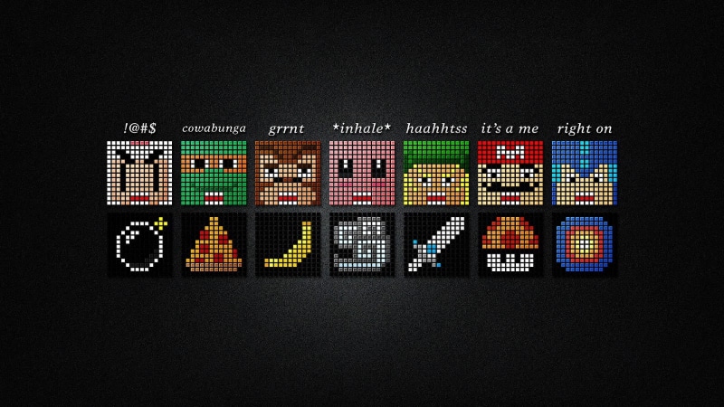Kirby, Teenage Mutant Ninja Turtles, text, connection, symbol, technology, colored background, business, multi colored, black background, minecraft, 720P