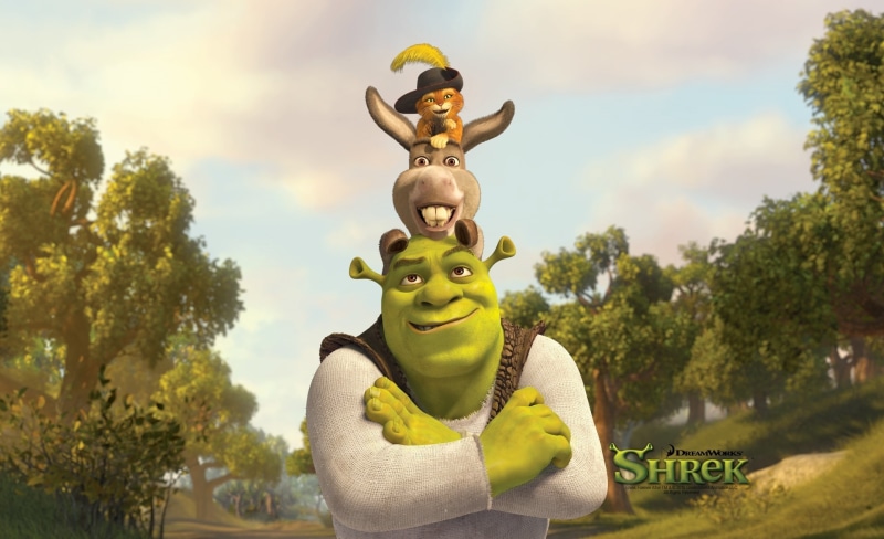 green color, focus on foreground, creativity, sky, plant, outdoors, male likeness, nature, Cartoons, Shrek, donkey, cloud - sky, shrek the final chapter