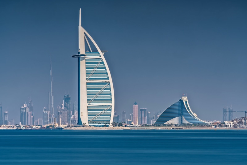 transportation, bridge - Man Made Structure, night, al, UAE, harbor, Burj Khalifa, financial district, Dubai, sailboat, cityscape, urban Scene, waterfront