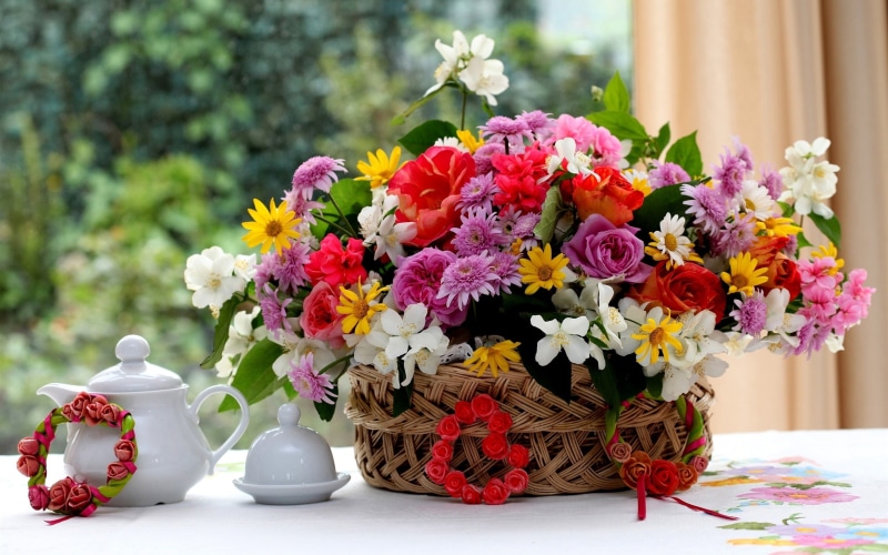 Basket, Teapot, Jasmine, Geranium, Rose, Flowers, Chrysanthemum, 2K