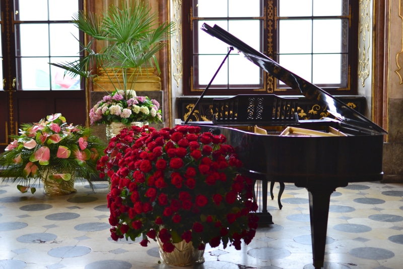 grand, chrysanthemum, arrangement, upright piano, table, flower head, instrument, the art of, castle, flowering plant, built structure, day, piano, lifestyle