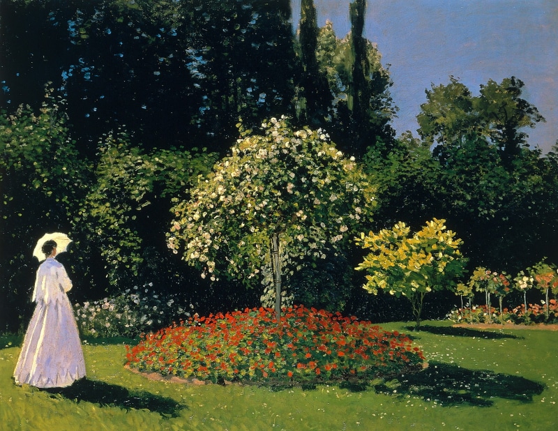 1080P, landscape, Lady in the Garden, Claude Monet, picture, umbrella, Jeanne-Marguerite Lecarde in the Garden, flowerbed, trees