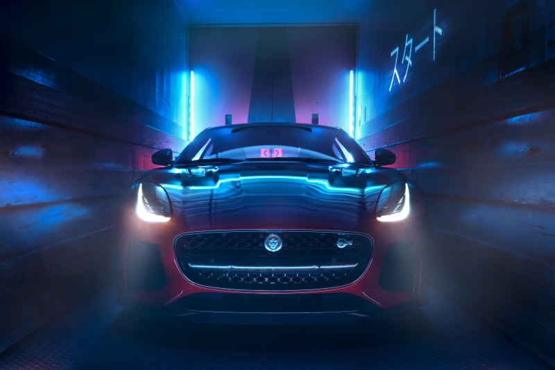 front view, no people, illuminated, nightlife, neon lights, red cars, retro styled, Jaguar, night, motion, blue, speed, technology, communication, 4K