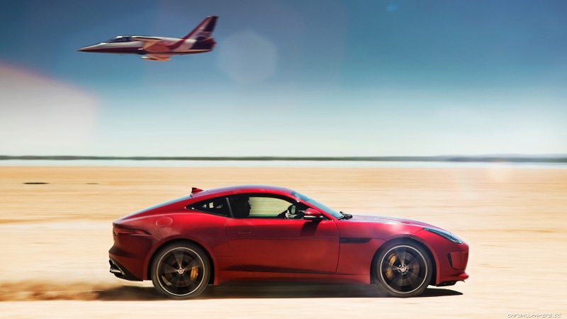 jet fighter, coupe, horizon, mode of transportation, water, travel, beauty in nature, land vehicle, sea, land, car, day, motor vehicle, sky, red, Jaguar F-Type