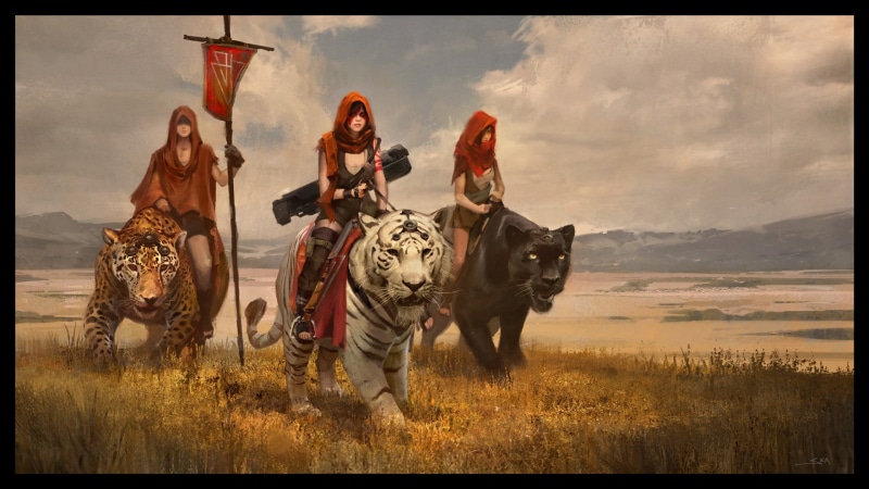 domestic animals, leopard (animal), character, jaguars, outdoors, tiger, concept art, women, nature, grass, clothing, white tigers, animal wildlife, landscape