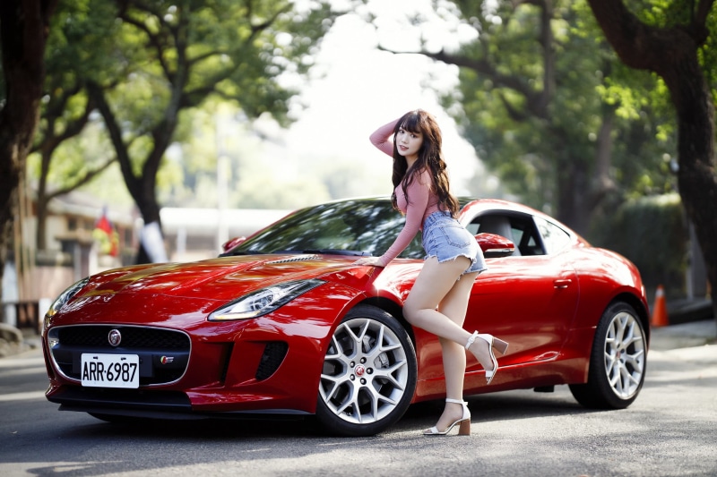 heels, car, jean shorts, 1080P, red cars, luxury cars, outdoors, high waisted short, looking at viewer, pink tops, Asian, women outdoors, model, women