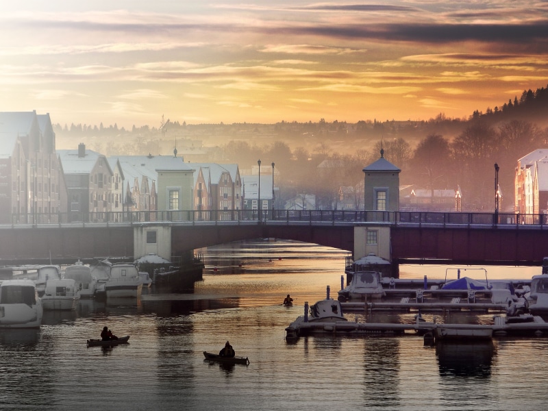 orange color, houses, bridge, outdoors, water, 4K, nature, waterfront, built structure, cloud - sky, orange sky, mode of transportation, sky, architecture