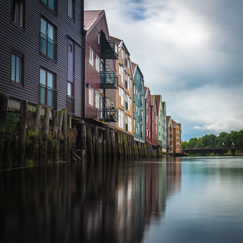rowhouse, colorful, building, building exterior, town, trondheim, lake, no people, beauty in nature, sky, colors, cloud - sky, water, village, architecture