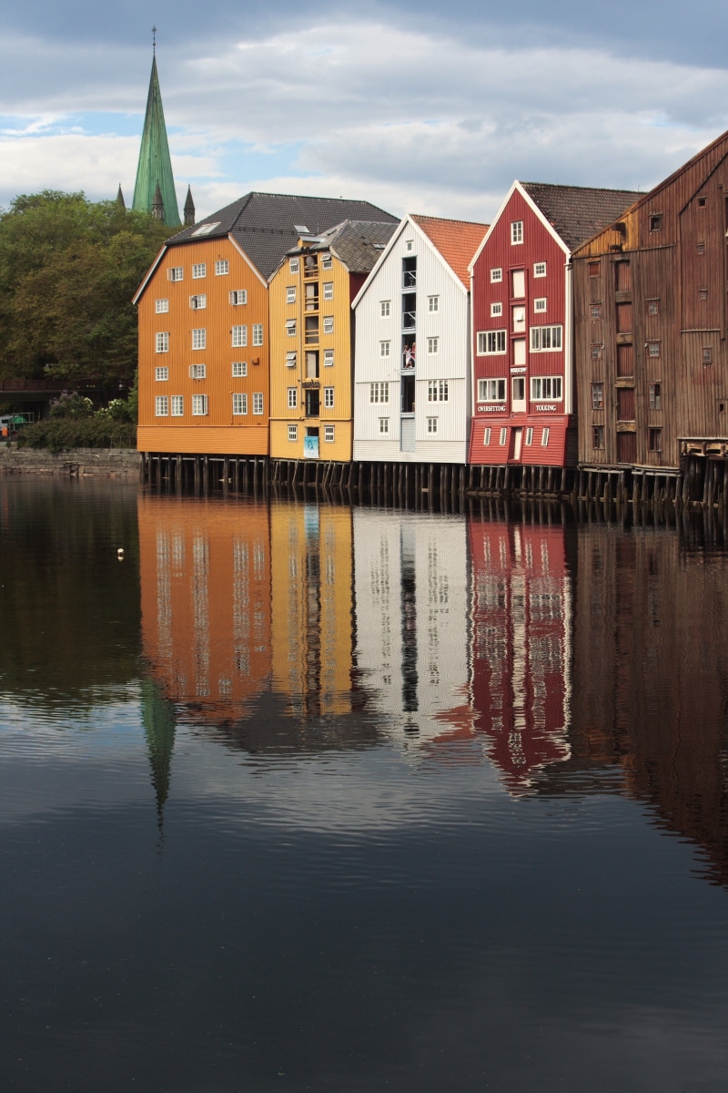 norway, cloud - sky, outdoors, trondheim, river, waterfront, residential district, city, sky, reflection, building, building exterior, no people, row house