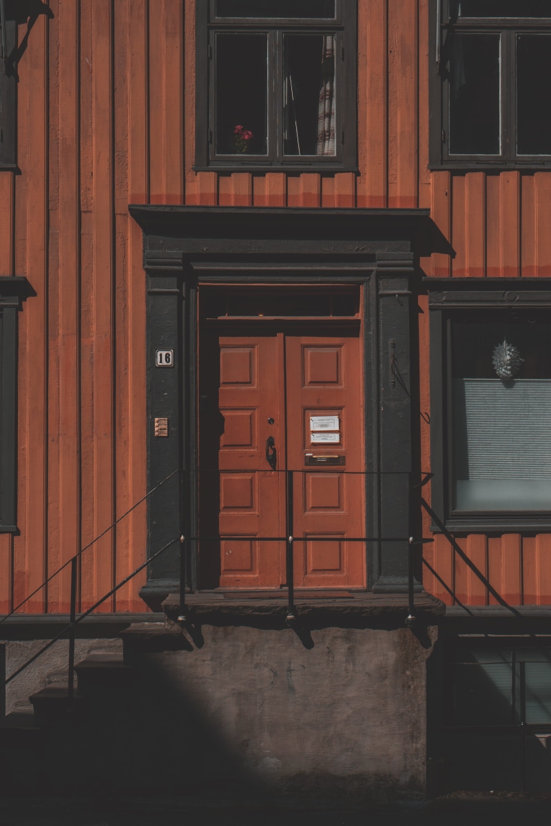 door, doorframe, trondheim, facade, house, urban, black, cultures, stair, exterior, town, brown, no People, city, street, painted, wall - Building Feature