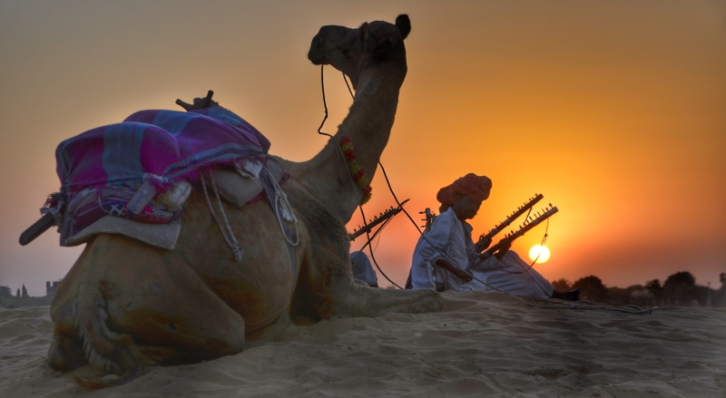trekking, people, domestic animals, working animal, domestic, music, rajasthan, land, camel, sand, sun, mammal, indian, sky, entertainers, beauty in nature