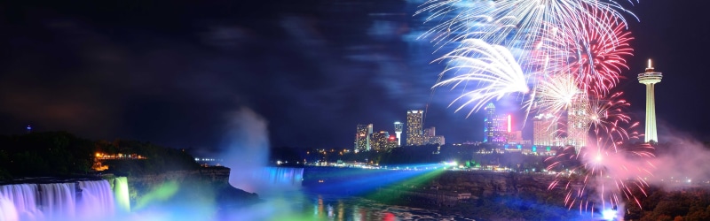 Waterfalls, City, Canada, Fireworks, Lights, 4K, Niagara, Falls, Night