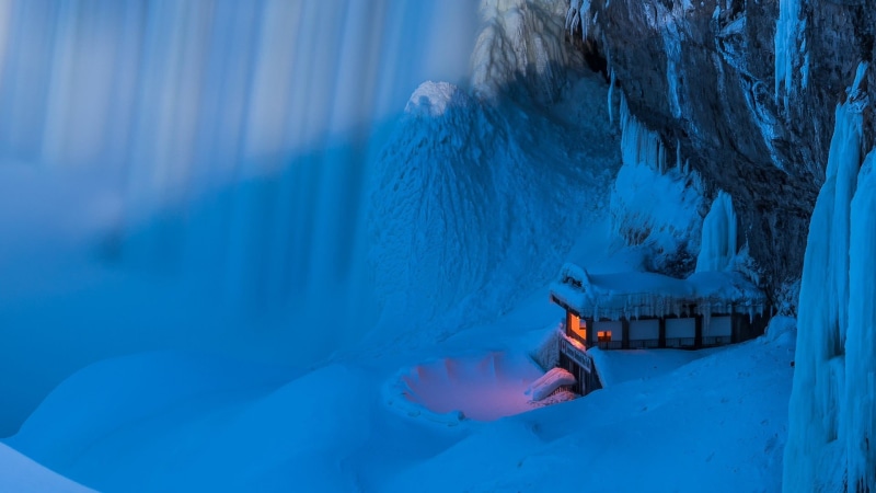 leisure activity, brown, white, Niagara Falls, nature, cold, frozen, house, blue, white color, waterfall, outdoors, 1080P, water, winter, cold temperature
