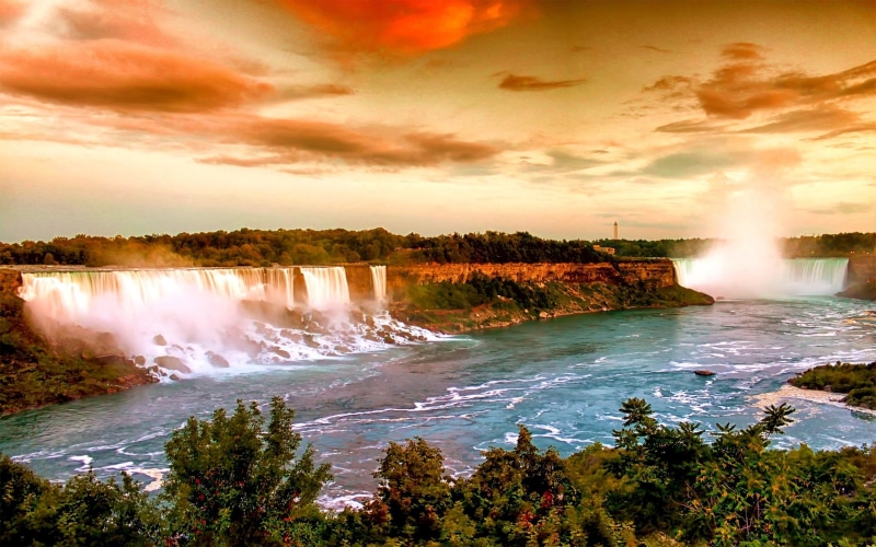 tourism, 2K, plant, cloud - sky, Niagara Falls, trees, sunset, flowing water, scenics - nature, waterfall, motion, sky, flowing, long exposure, painting