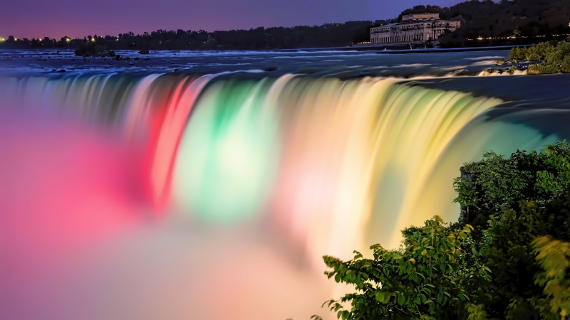 water, sky, beauty in nature, scenics - nature, 4K, multi colored, tree, long exposure, rainbow, no people, waterfall, flowing, blurred motion, landscape