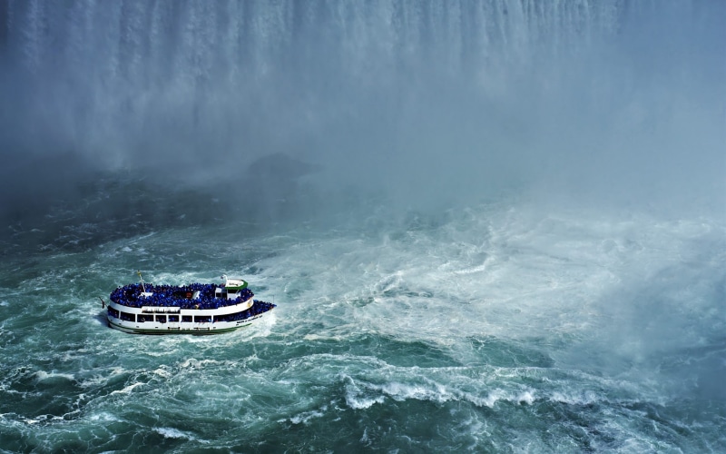 2K, waterfront, travel, power in nature, sailing, nautical vessel, water, passenger craft, scenics - nature, Niagara Falls, outdoors, fog, motion, boat
