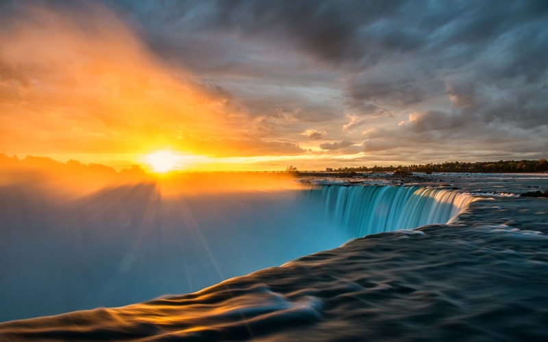 Rays, waterfalls, photo, Falls, 1080P, Clouds, Sun, time, Sunrise, Niagara, lapse