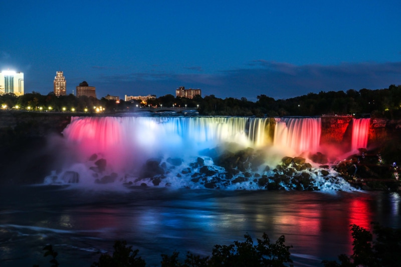 4K, illuminated, scenics - nature, motion, long exposure, office building exterior, niagara falls, flowing water, sky, architecture, night, cityscape