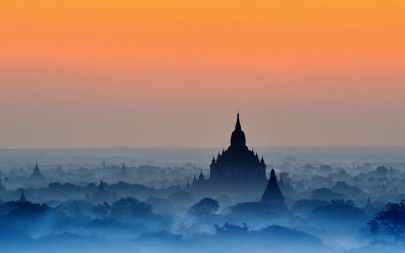 temple, landscape, 720P, Buddhism, Bagan, amber, mist, Myanmar, blue, sky, trees, nature