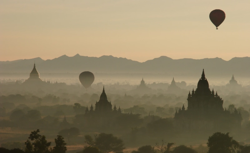 trees, mist, Bagan, temple, photography, nature, Myanmar, 1080P, plants, landscape, architecture, hot air balloons