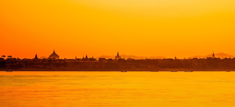 sky, city, bagan, the past, building exterior, pagoda, no people, bricks, cityscape, urban skyline, built structure, nature, orange color, building, myanmar