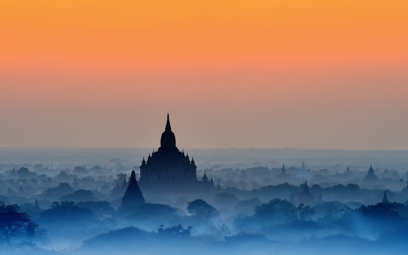 Buddhism, Trees, landscape, Amber, mist, Temple, blue, Bagan, sky, sunrise, 720P, Myanmar, nature
