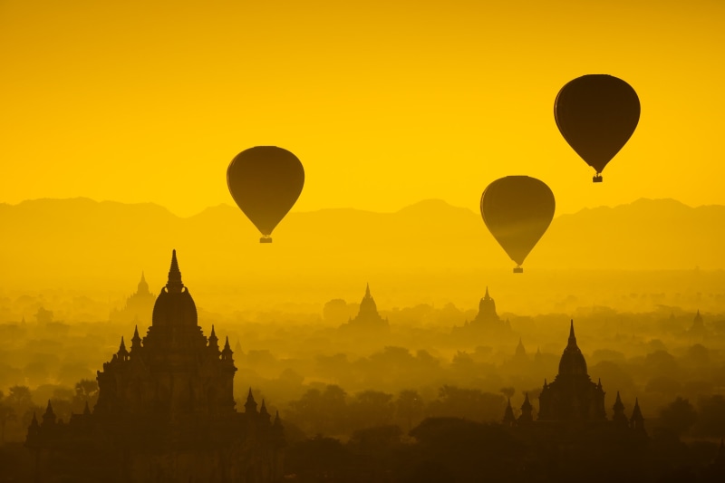 balloon, Palace, balloons, no people, 2K, ancient civilization, mist, old town, history, Burma, building exterior, nature, forest, place of worship, flight