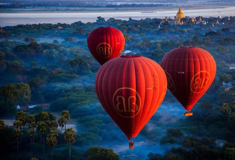temple, fog, river, the dome, trees, Bagan, balloons, roof, morning, nature, Myanmar, 1080P, dawn, landscape, the city