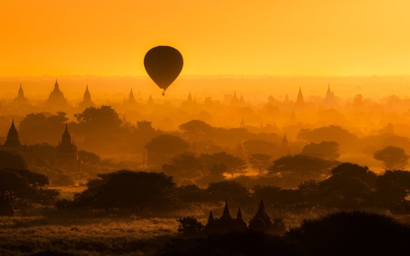 history, 1080P, travel, Bagan, sunset, built structure, hot, air, outdoors, architecture, belief, silhouettes, fog, flying, trees, religion, travel destinations