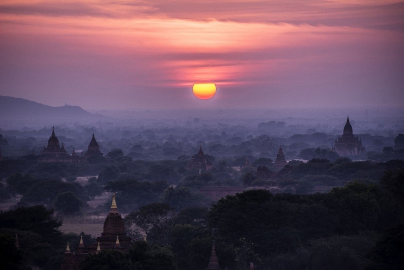 myanmar, landscape, trees, temple, sky, bagan, clouds, valley, nature, mist, buddhism, 720P, sunrise