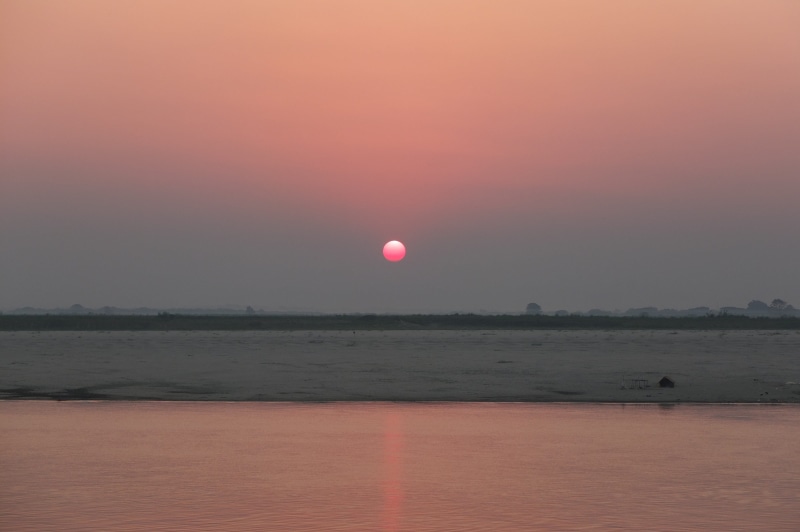 sunrise, horizon, irrawaddy, tranquility, sun, no people, horizon over water, sky, orange color, outdoors, waters, river, water, bagan, myanmar, tranquil scene