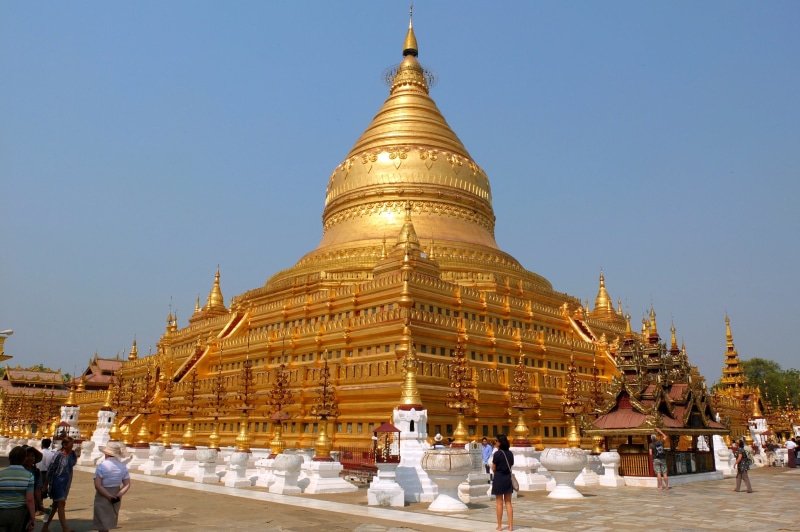 pagoda, shwezigon, building, place of worship, architecture, travel destinations, tourism, building exterior, women, gold colored, sky, bagan, religion