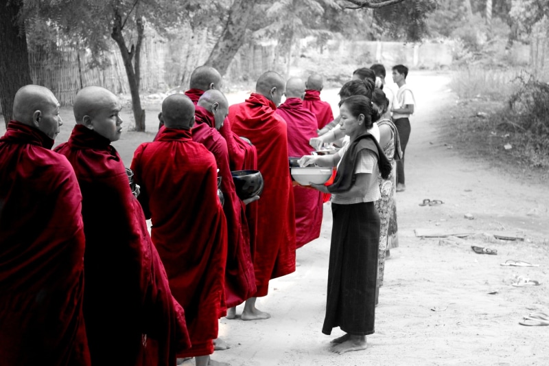 group of people, temple, people, belief, color, buddhist, human, 2K, real people, day, crowd, men, red, clothing, religion, outdoors, standing, monk, bagan