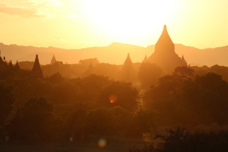 Bagan, sky, built structure, sunlight, pagoda, building, morning sun temple plane, ancient, place of worship, travel destinations, Sunrise, sun, silhouette