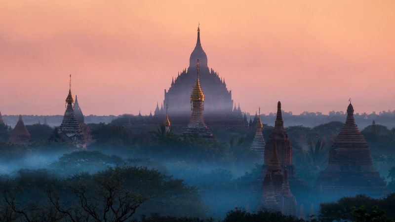 travel, place of worship, sky, mist, sunset, landscape, built structure, belief, tourism, Myanmar, nature, blue, outdoors, spire, sunlight, indonesian