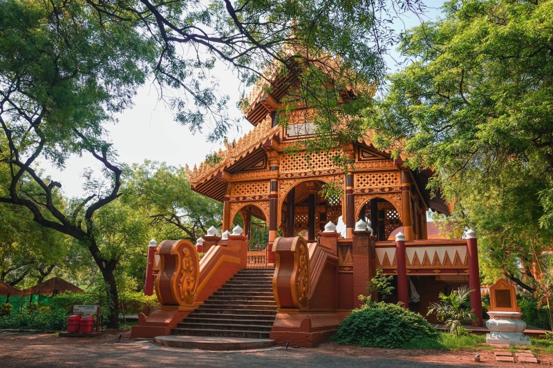place of worship, palace, building, patio, belief, architecture, low angle view, the past, porch, pergola, history, religion, growth, spirituality, myanmar