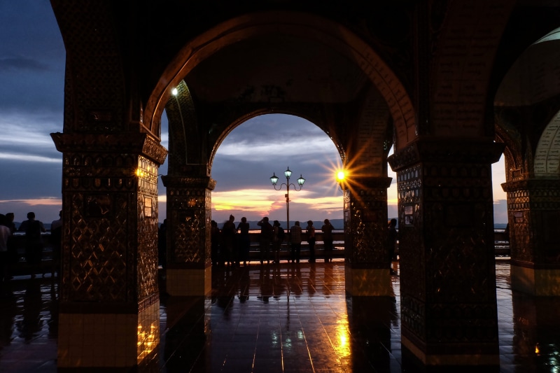 river, travel destinations, arch, night, skyscraper, myanmar (burma), illuminated, nature, building exterior, sky, southeastasia, cloud - sky, water, no people