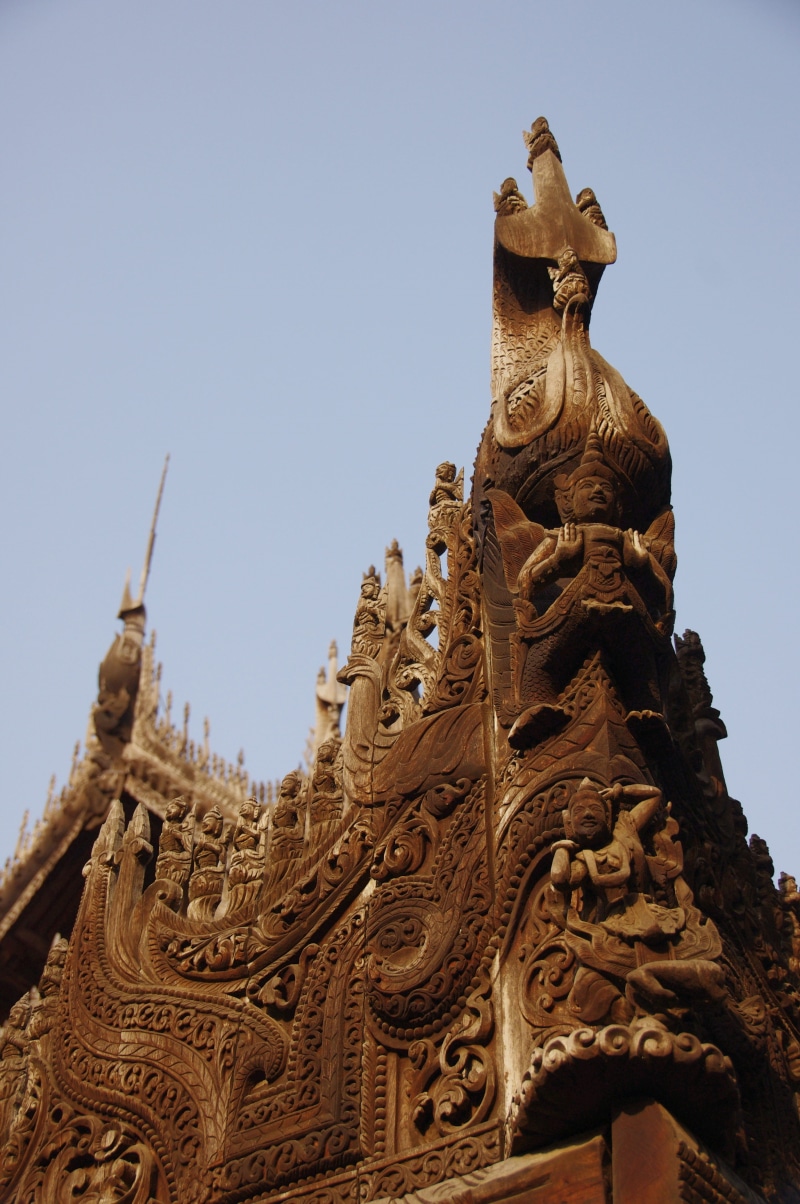 ornate, sculpture, statue, teak, sky, architecture, day, clear sky, carving, built structure, mandalay, 4K, place of worship, art and craft, building